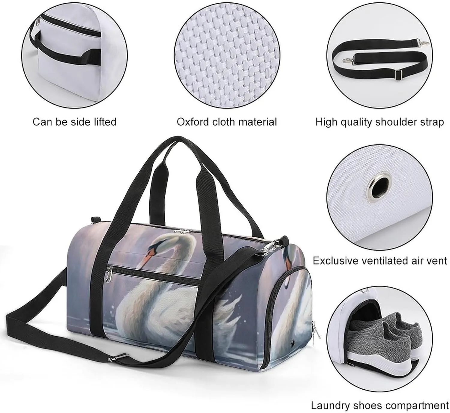 Sport Gym Duffel with Shoe Compartment Wet Pocket, Watercolor Swan-cartoon Style Shoulder Travel Bag for Women Men
