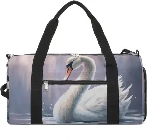 Sport Gym Duffel with Shoe Compartment Wet Pocket, Watercolor Swan-cartoon Style Shoulder Travel Bag for Women Men