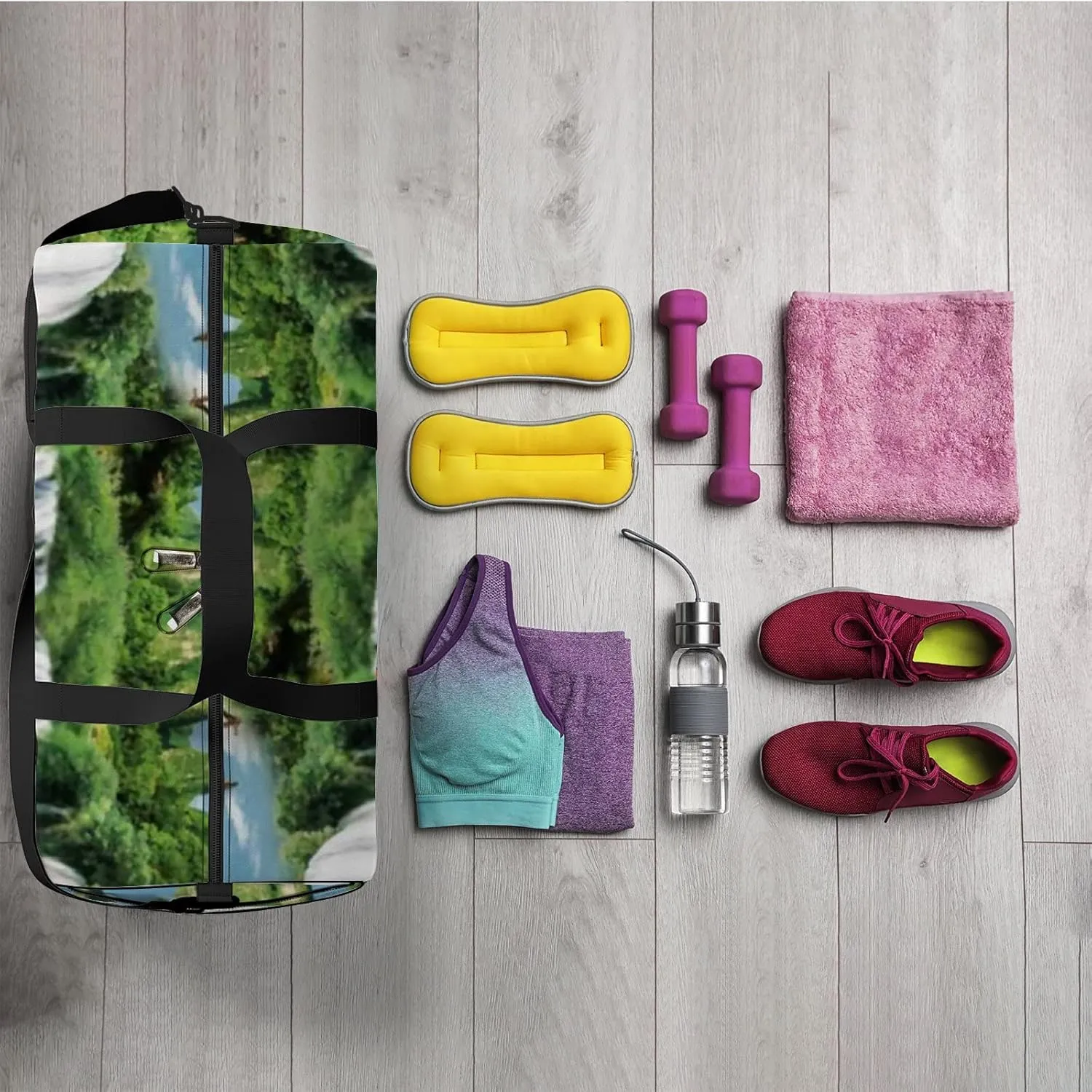 Sports Gym Bag for Women and Men Waterproof 3d Natural Landscape Waterfall Green Duffel Bag Lightweight Carryon Traveling Boarding Gripsack