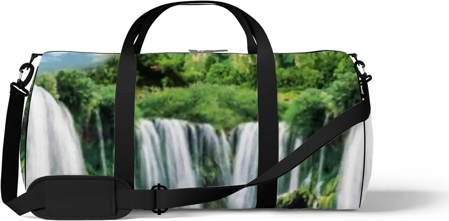 Sports Gym Bag for Women and Men Waterproof 3d Natural Landscape Waterfall Green Duffel Bag Lightweight Carryon Traveling Boarding Gripsack