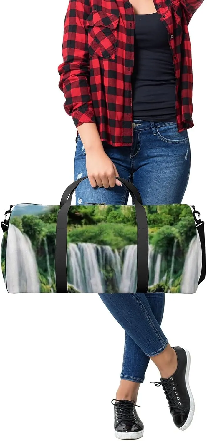 Sports Gym Bag for Women and Men Waterproof 3d Natural Landscape Waterfall Green Duffel Bag Lightweight Carryon Traveling Boarding Gripsack