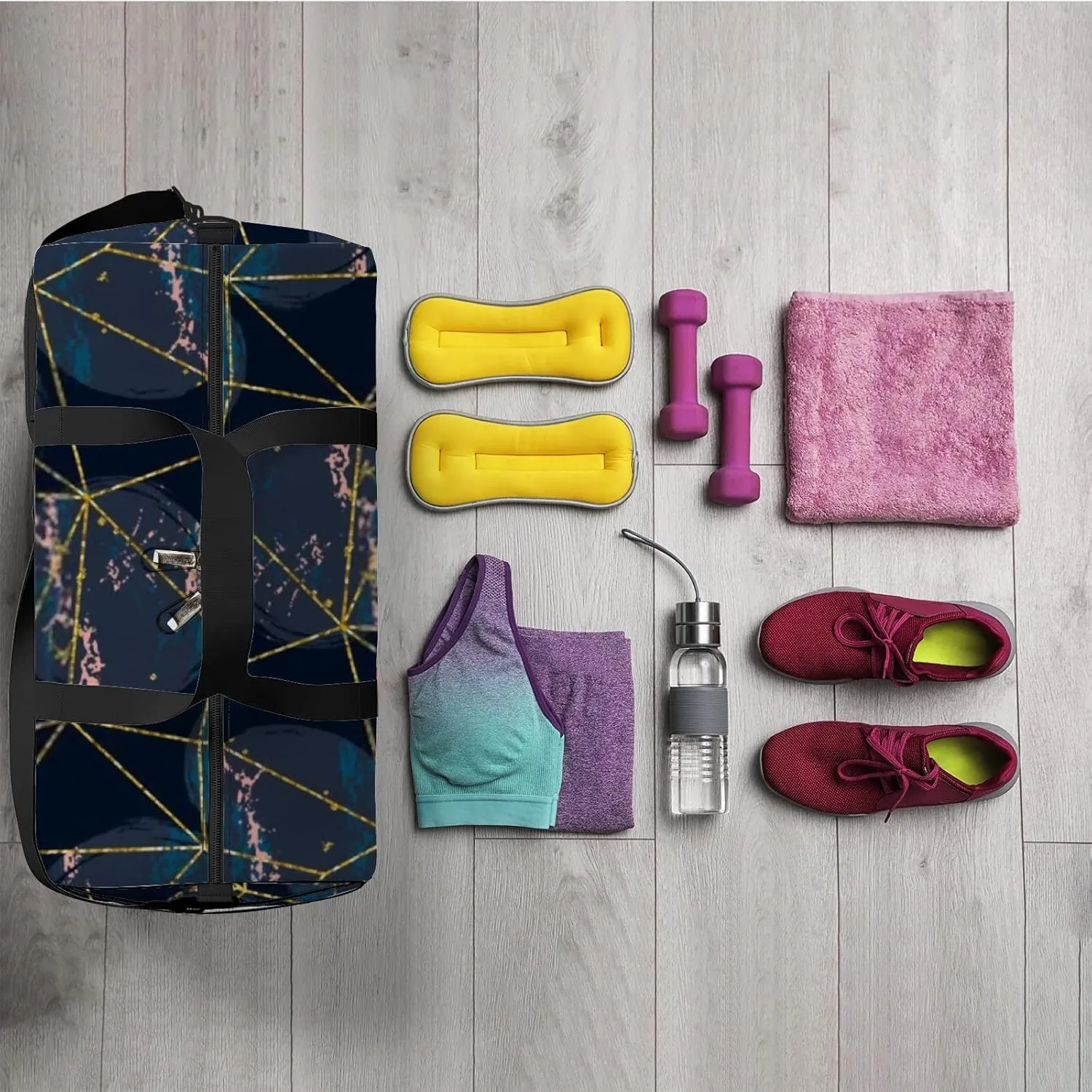 Sports Gym Bag for Women and Men Waterproof Abstract Cosmic Pattern Dark Blue Duffel Bag Lightweight Carryon Traveling Boarding Gripsack