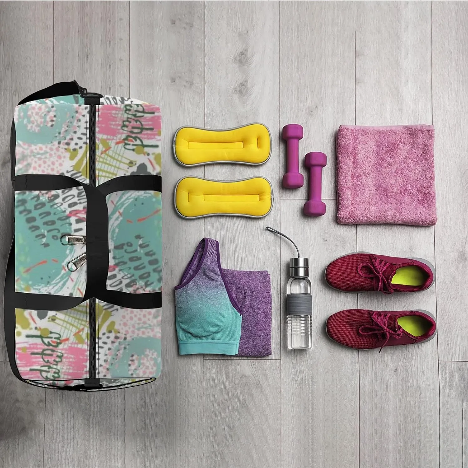 Sports Gym Bag for Women and Men Waterproof Abstract Ink Floral Colorful Duffel Bag Lightweight Carryon Traveling Boarding Gripsack