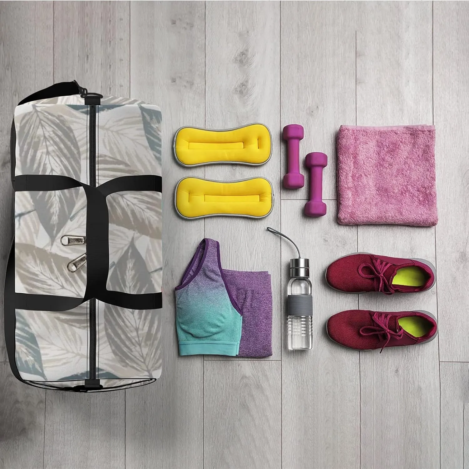Sports Gym Bag for Women and Men Waterproof Abstract Leaves Vintage White Duffel Bag Lightweight Carryon Traveling Boarding Gripsack