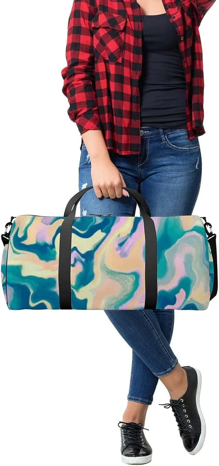 Sports Gym Bag for Women and Men Waterproof Abstract Marble Pattern Blue Pink Yellow Duffel Bag Lightweight Carryon Traveling Boarding Gripsack