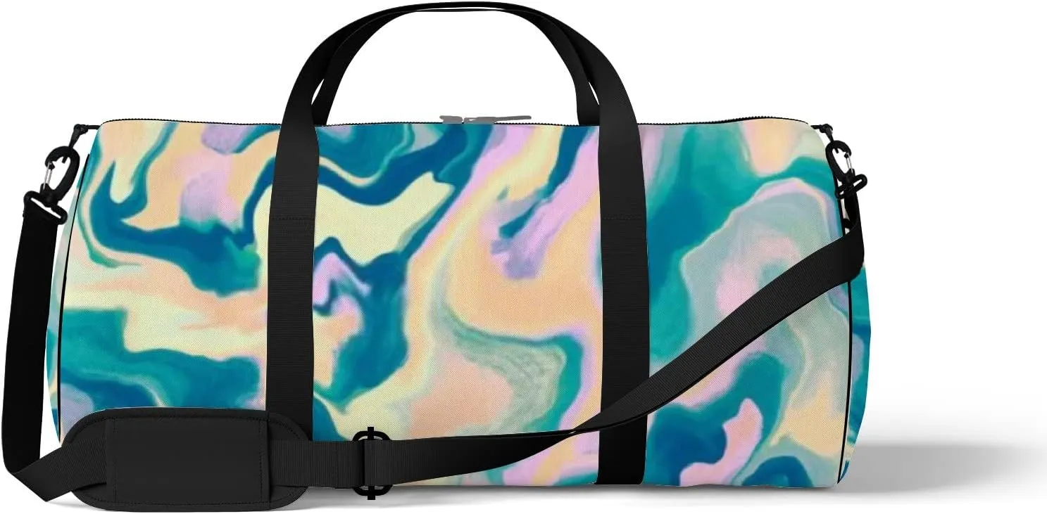 Sports Gym Bag for Women and Men Waterproof Abstract Marble Pattern Blue Pink Yellow Duffel Bag Lightweight Carryon Traveling Boarding Gripsack