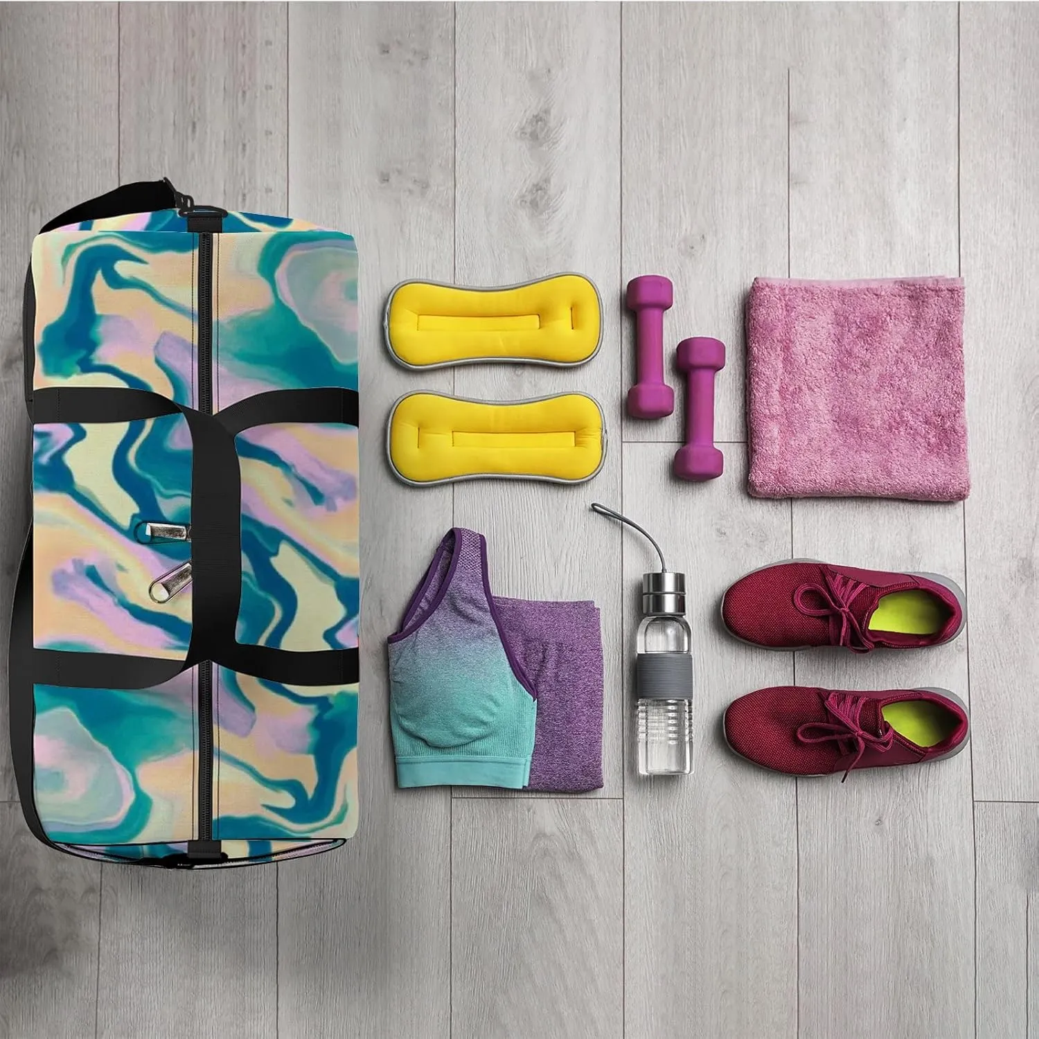 Sports Gym Bag for Women and Men Waterproof Abstract Marble Pattern Blue Pink Yellow Duffel Bag Lightweight Carryon Traveling Boarding Gripsack