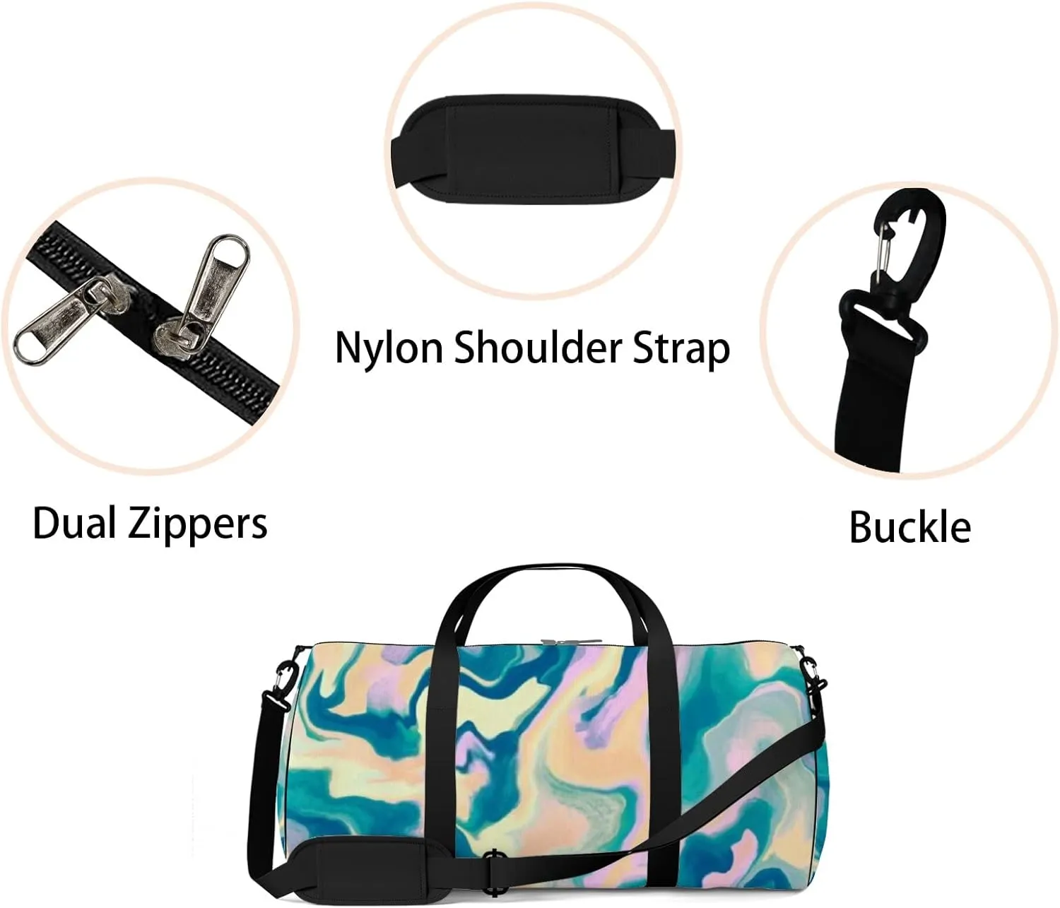 Sports Gym Bag for Women and Men Waterproof Abstract Marble Pattern Blue Pink Yellow Duffel Bag Lightweight Carryon Traveling Boarding Gripsack
