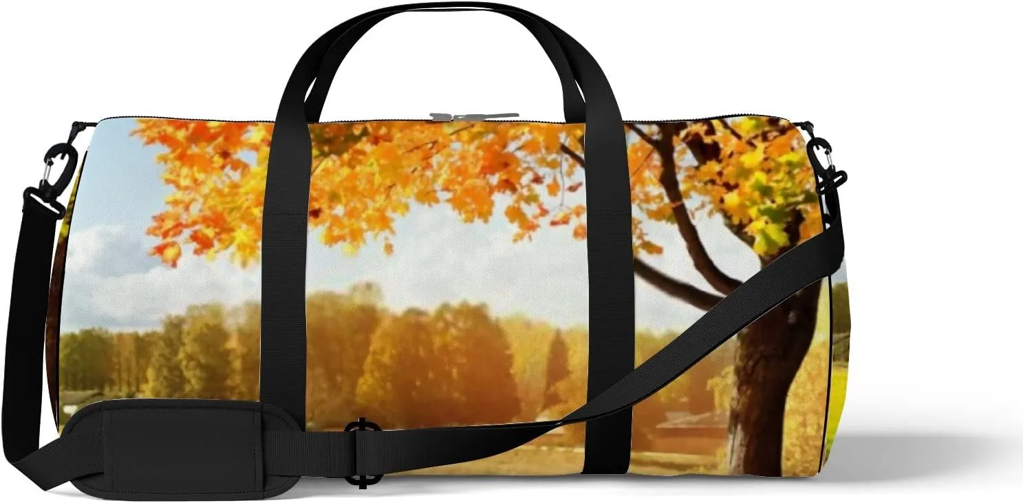 Sports Gym Bag for Women and Men Waterproof Autumn at the morning park Duffel Bag Lightweight Carryon Traveling Boarding Gripsack