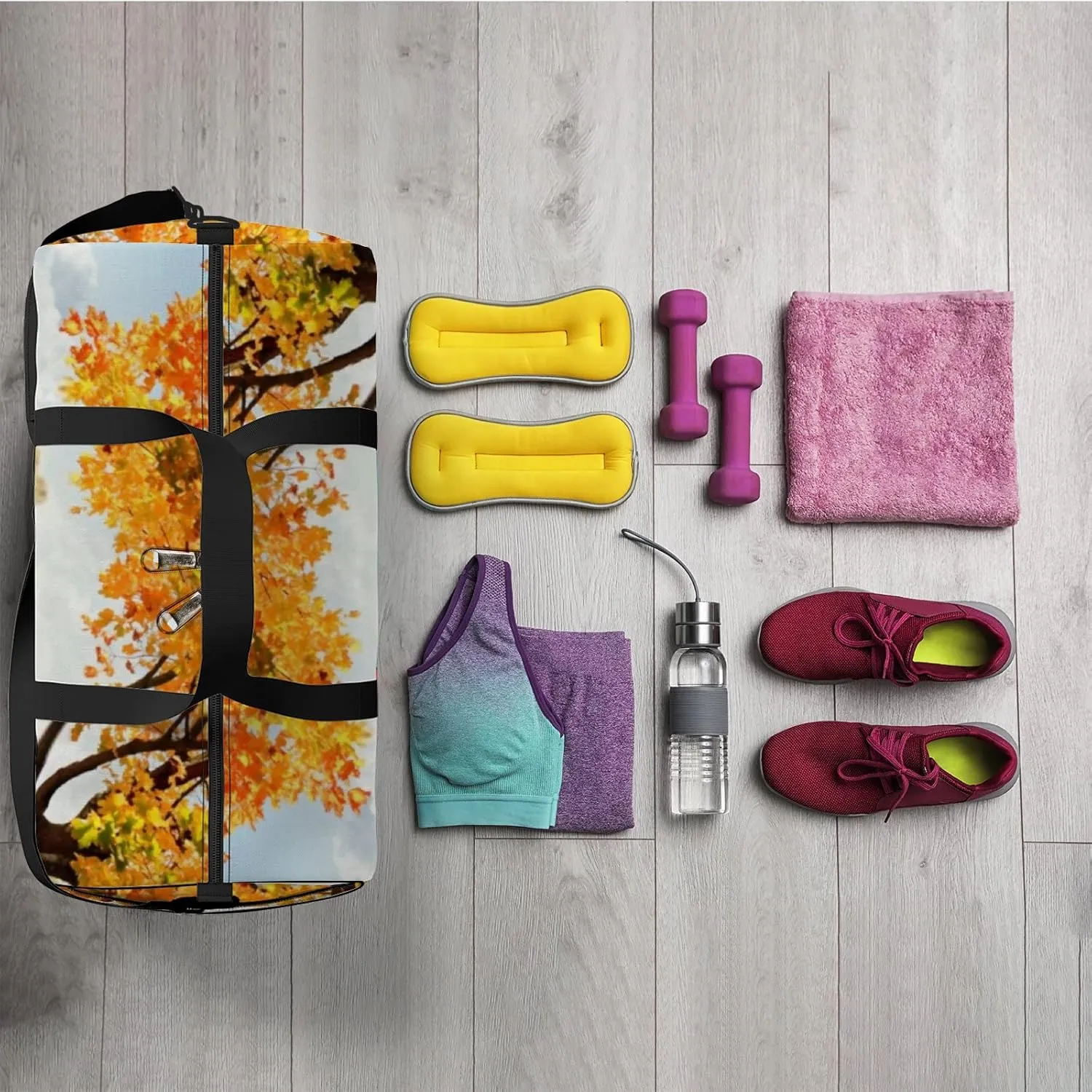 Sports Gym Bag for Women and Men Waterproof Autumn at the morning park Duffel Bag Lightweight Carryon Traveling Boarding Gripsack