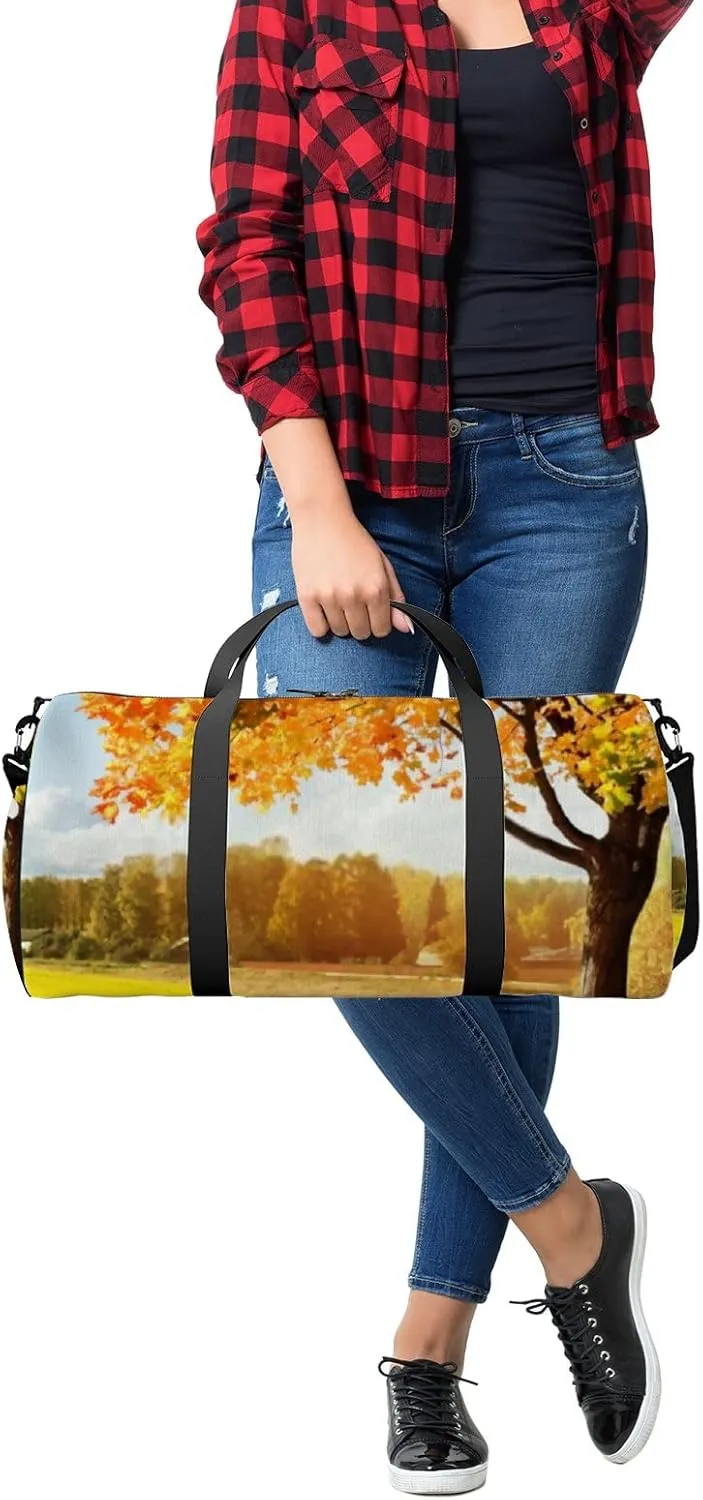 Sports Gym Bag for Women and Men Waterproof Autumn at the morning park Duffel Bag Lightweight Carryon Traveling Boarding Gripsack