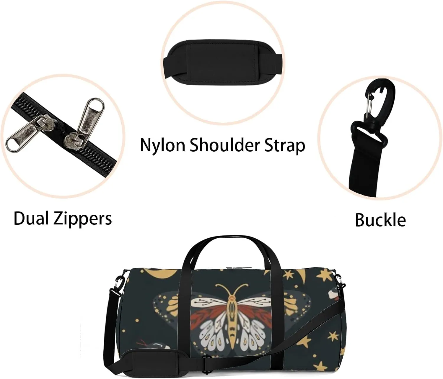 Sports Gym Bag for Women and Men Waterproof Boho Butterfly Moon Star Duffel Bag Lightweight Carryon Traveling Boarding Gripsack