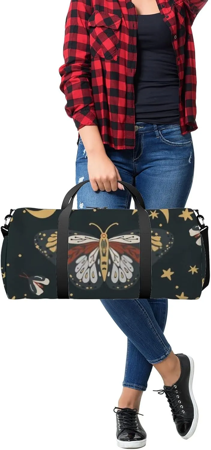 Sports Gym Bag for Women and Men Waterproof Boho Butterfly Moon Star Duffel Bag Lightweight Carryon Traveling Boarding Gripsack