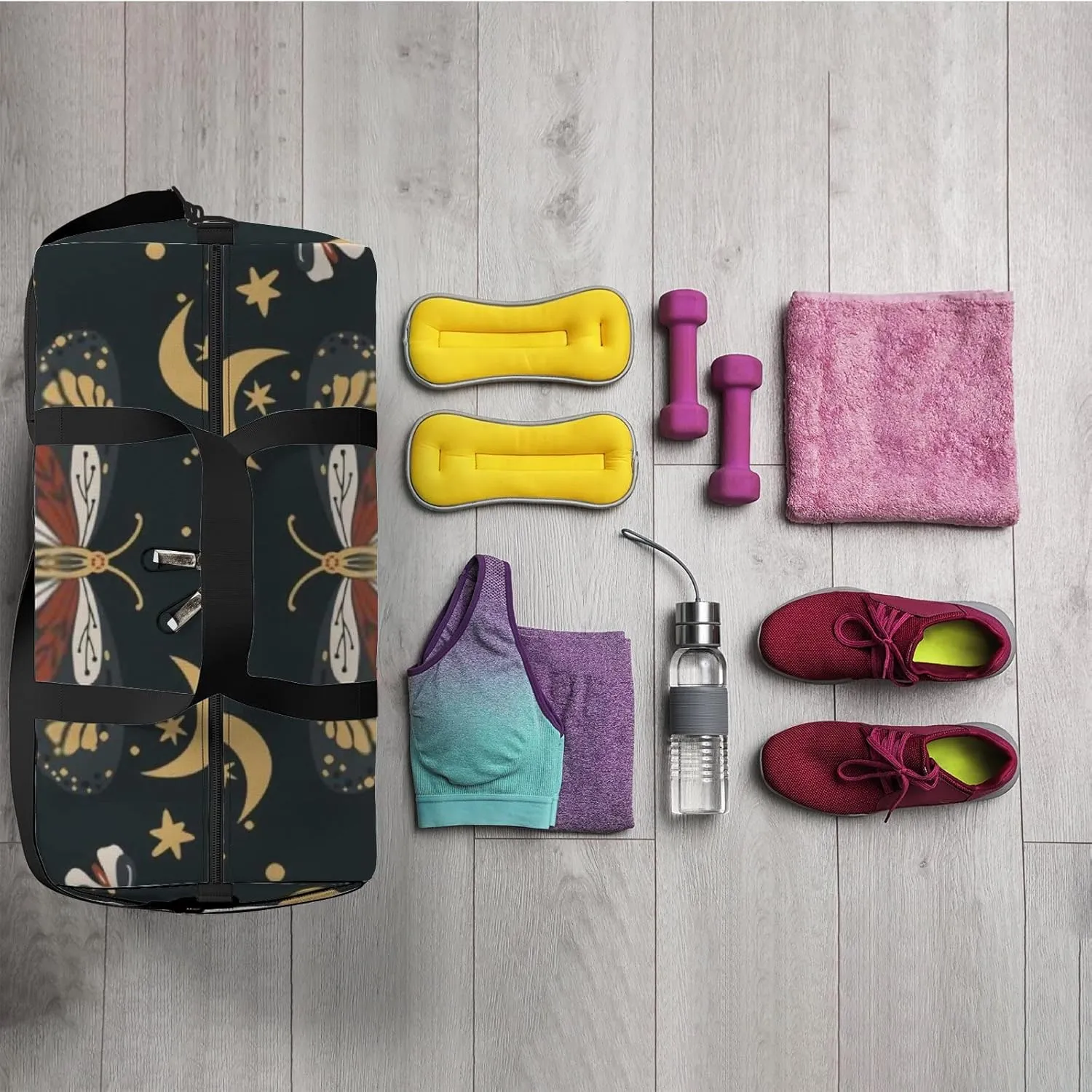 Sports Gym Bag for Women and Men Waterproof Boho Butterfly Moon Star Duffel Bag Lightweight Carryon Traveling Boarding Gripsack