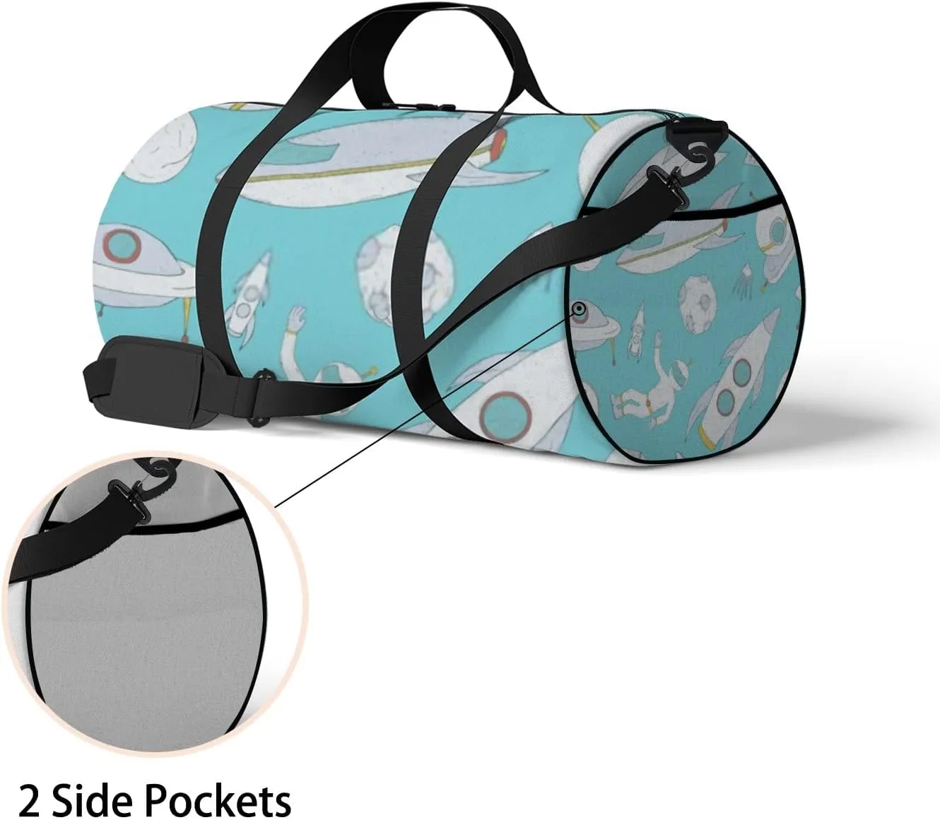 Sports Gym Bag for Women and Men Waterproof Cartoon Space Hand Drawn Blue Pattern Duffel Bag Lightweight Carryon Traveling Boarding Gripsack