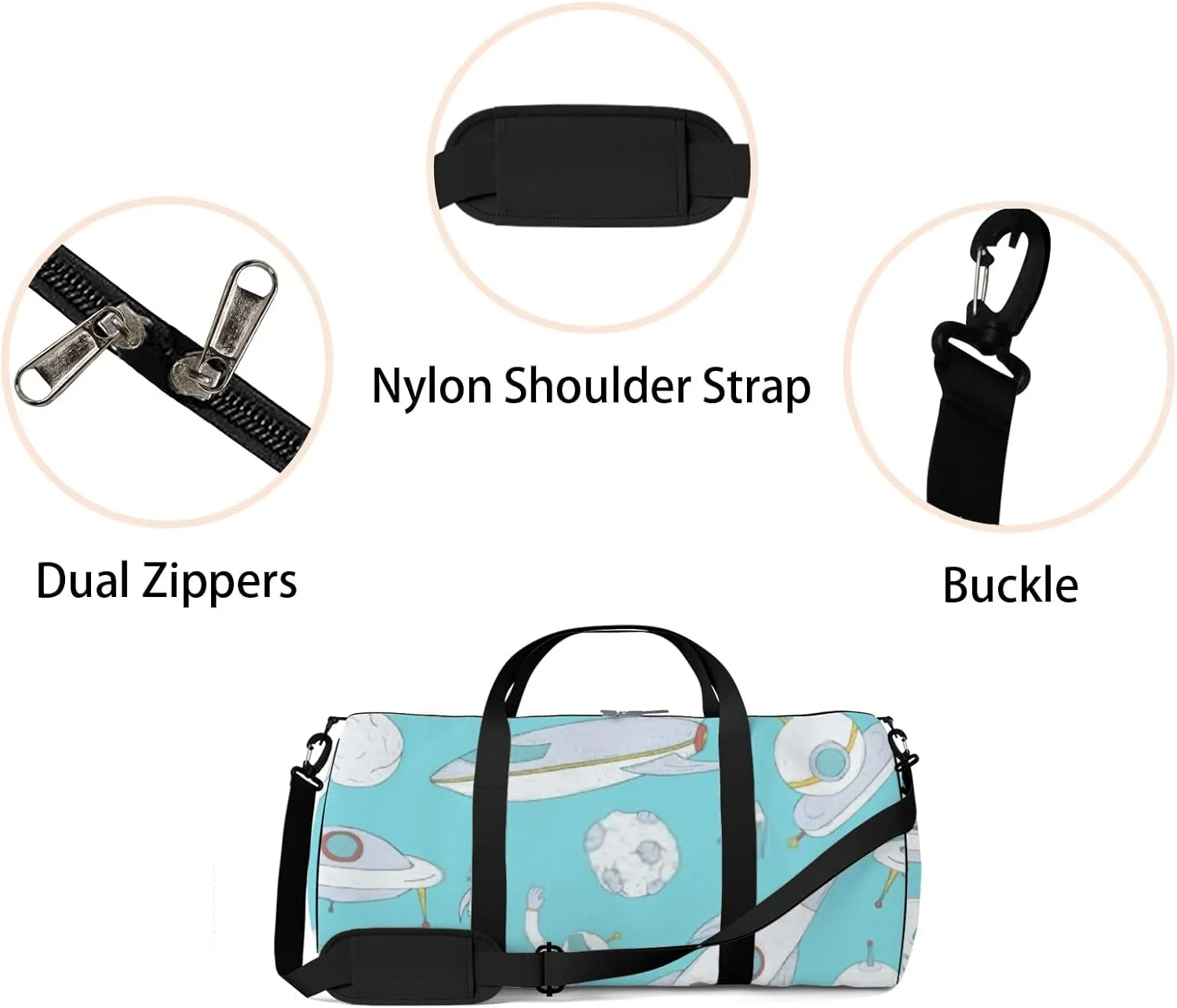 Sports Gym Bag for Women and Men Waterproof Cartoon Space Hand Drawn Blue Pattern Duffel Bag Lightweight Carryon Traveling Boarding Gripsack