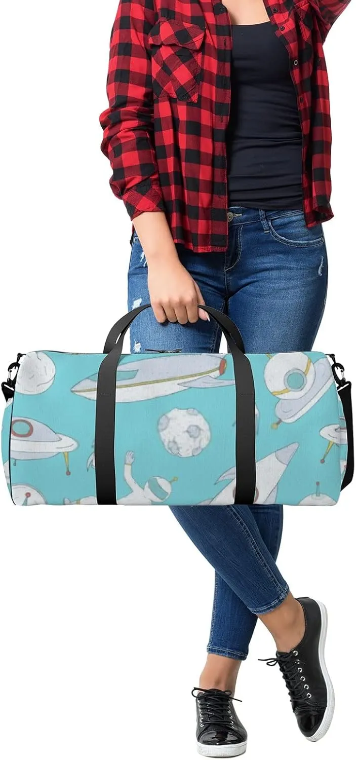 Sports Gym Bag for Women and Men Waterproof Cartoon Space Hand Drawn Blue Pattern Duffel Bag Lightweight Carryon Traveling Boarding Gripsack