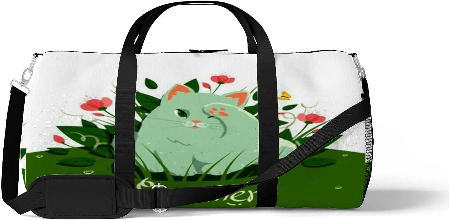 Sports Gym Bag for Women and Men Waterproof Cat Grass and flowers with Butterflies Duffel Bag Lightweight Carryon Traveling Boarding Gripsack