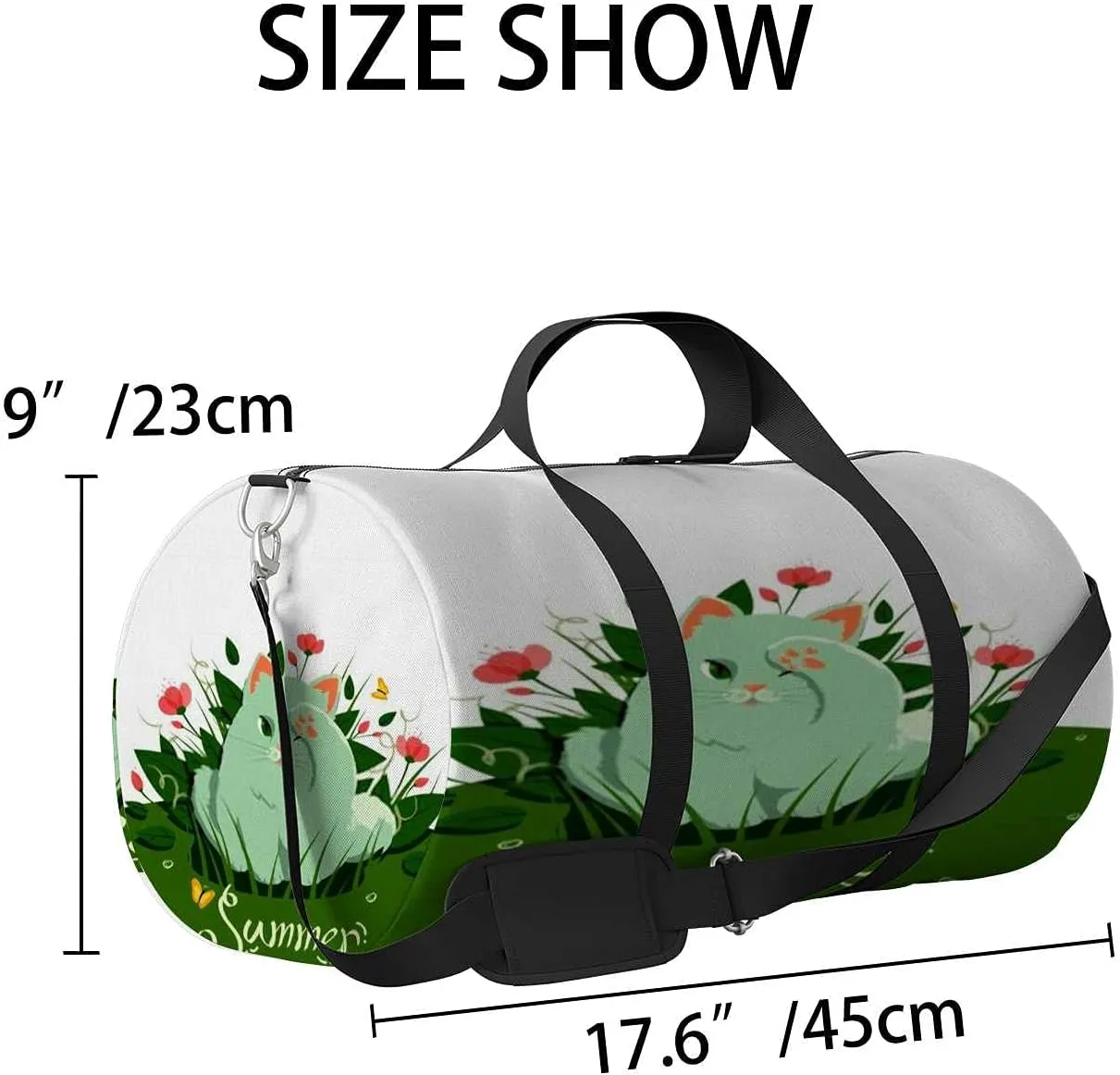 Sports Gym Bag for Women and Men Waterproof Cat Grass and flowers with Butterflies Duffel Bag Lightweight Carryon Traveling Boarding Gripsack