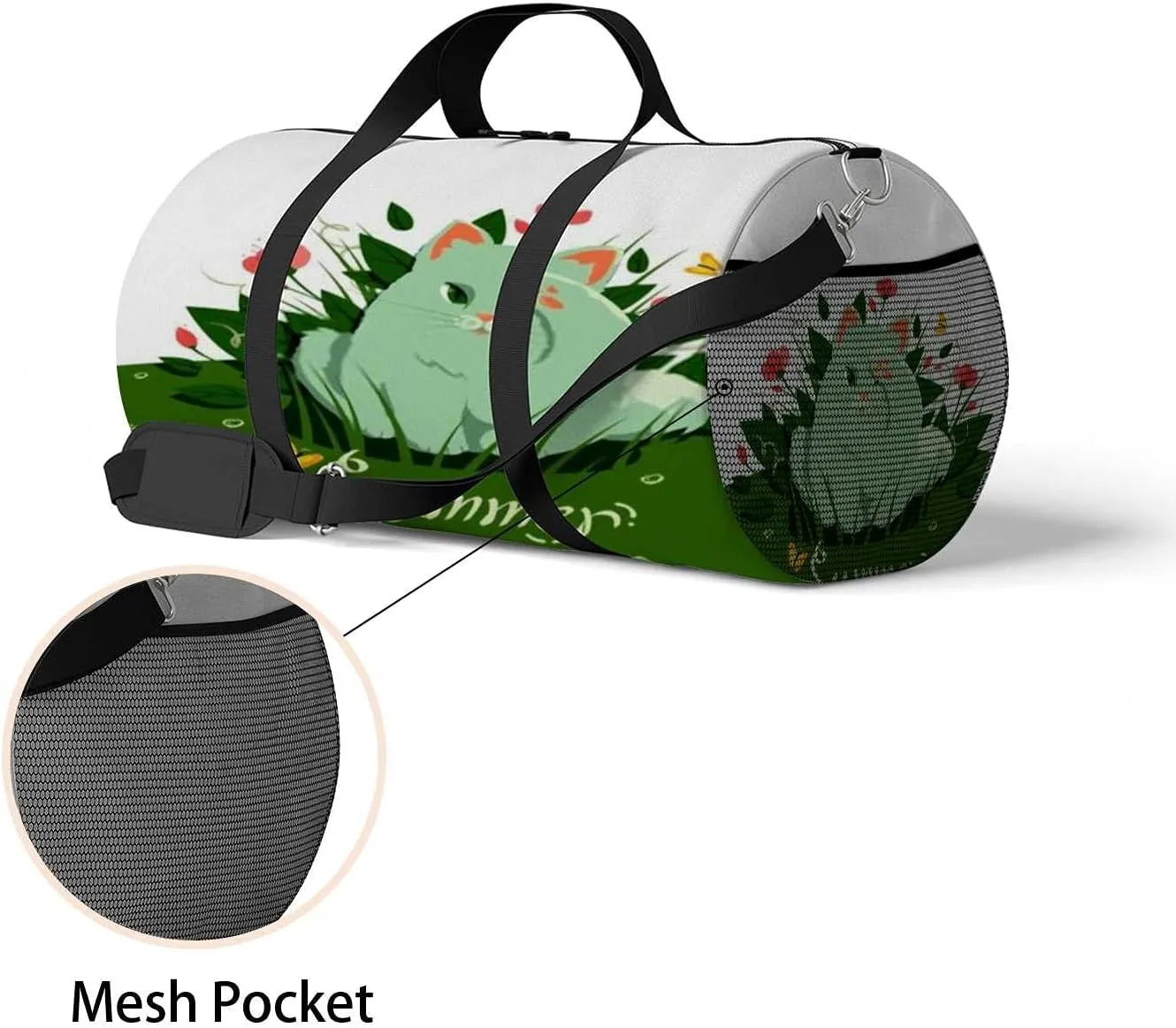 Sports Gym Bag for Women and Men Waterproof Cat Grass and flowers with Butterflies Duffel Bag Lightweight Carryon Traveling Boarding Gripsack