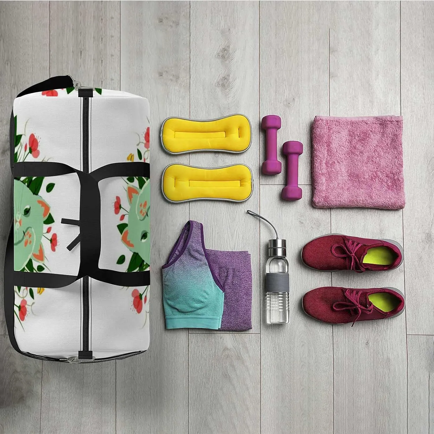 Sports Gym Bag for Women and Men Waterproof Cat Grass and flowers with Butterflies Duffel Bag Lightweight Carryon Traveling Boarding Gripsack