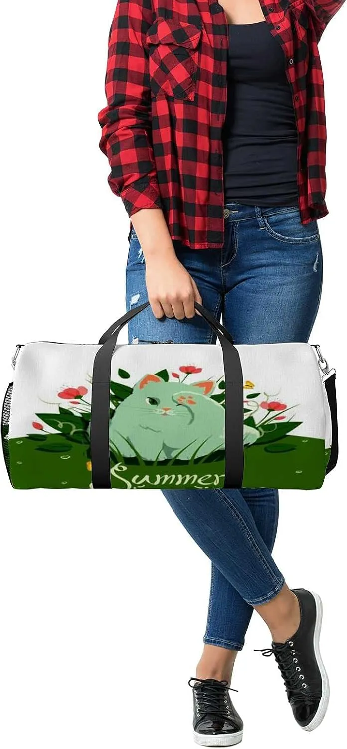 Sports Gym Bag for Women and Men Waterproof Cat Grass and flowers with Butterflies Duffel Bag Lightweight Carryon Traveling Boarding Gripsack