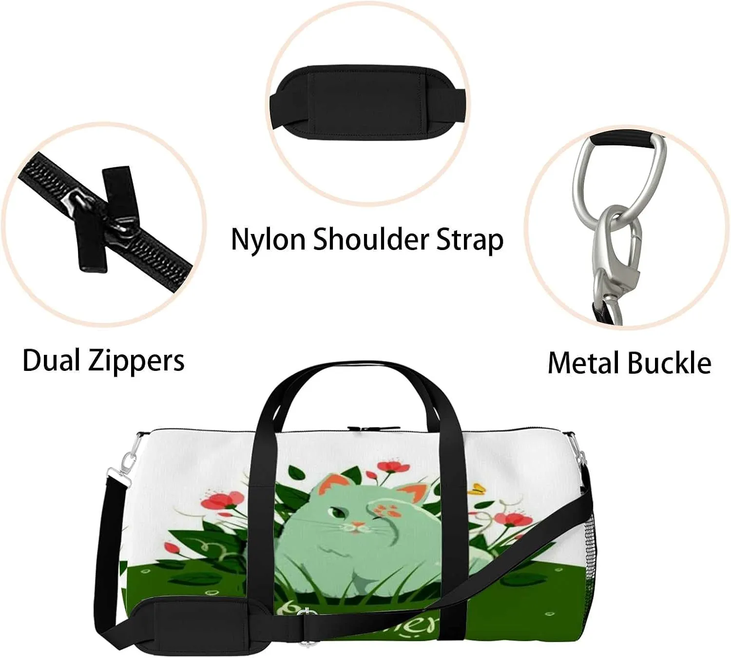 Sports Gym Bag for Women and Men Waterproof Cat Grass and flowers with Butterflies Duffel Bag Lightweight Carryon Traveling Boarding Gripsack