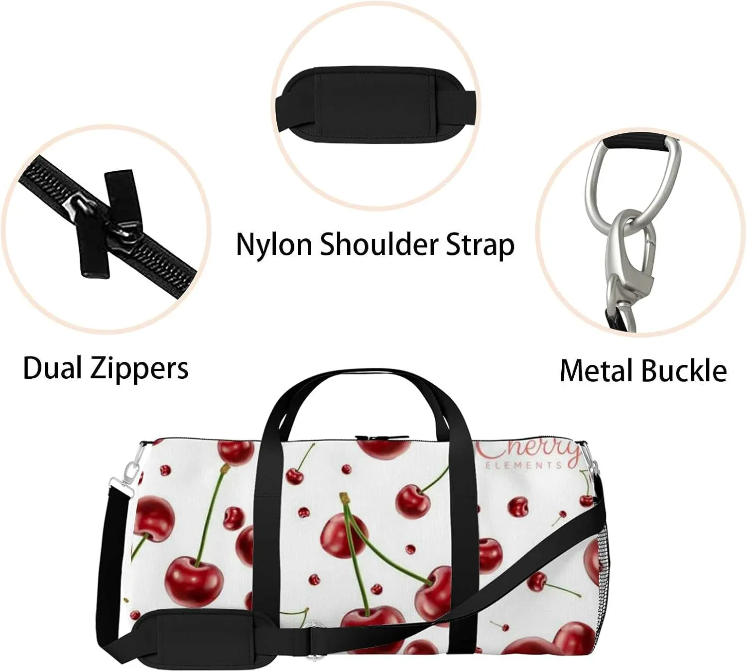 Sports Gym Bag for Women and Men Waterproof Cherries Elements Realistic Cherry Duffel Bag Lightweight Carryon Traveling Boarding Gripsack