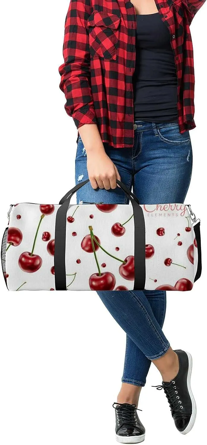 Sports Gym Bag for Women and Men Waterproof Cherries Elements Realistic Cherry Duffel Bag Lightweight Carryon Traveling Boarding Gripsack