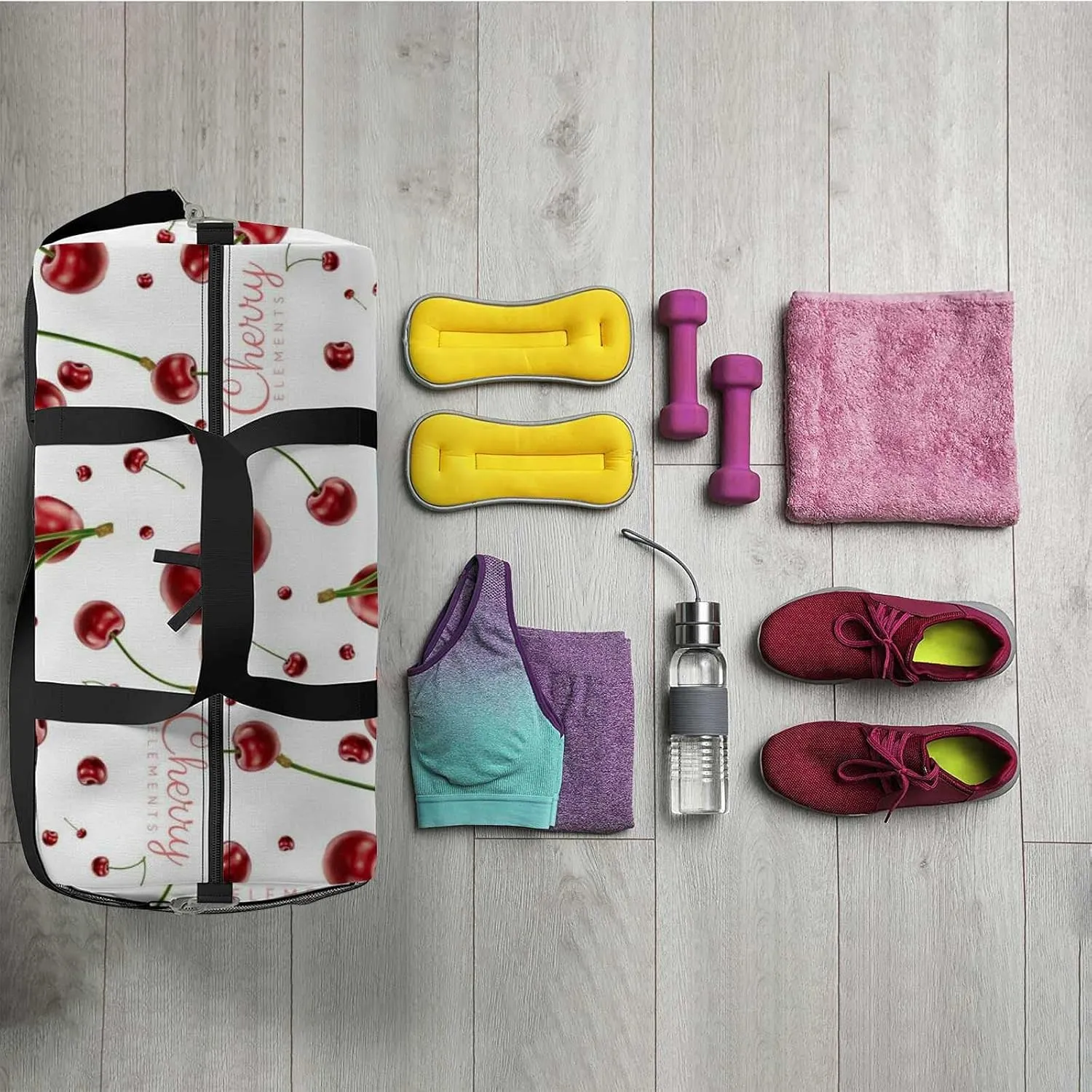 Sports Gym Bag for Women and Men Waterproof Cherries Elements Realistic Cherry Duffel Bag Lightweight Carryon Traveling Boarding Gripsack