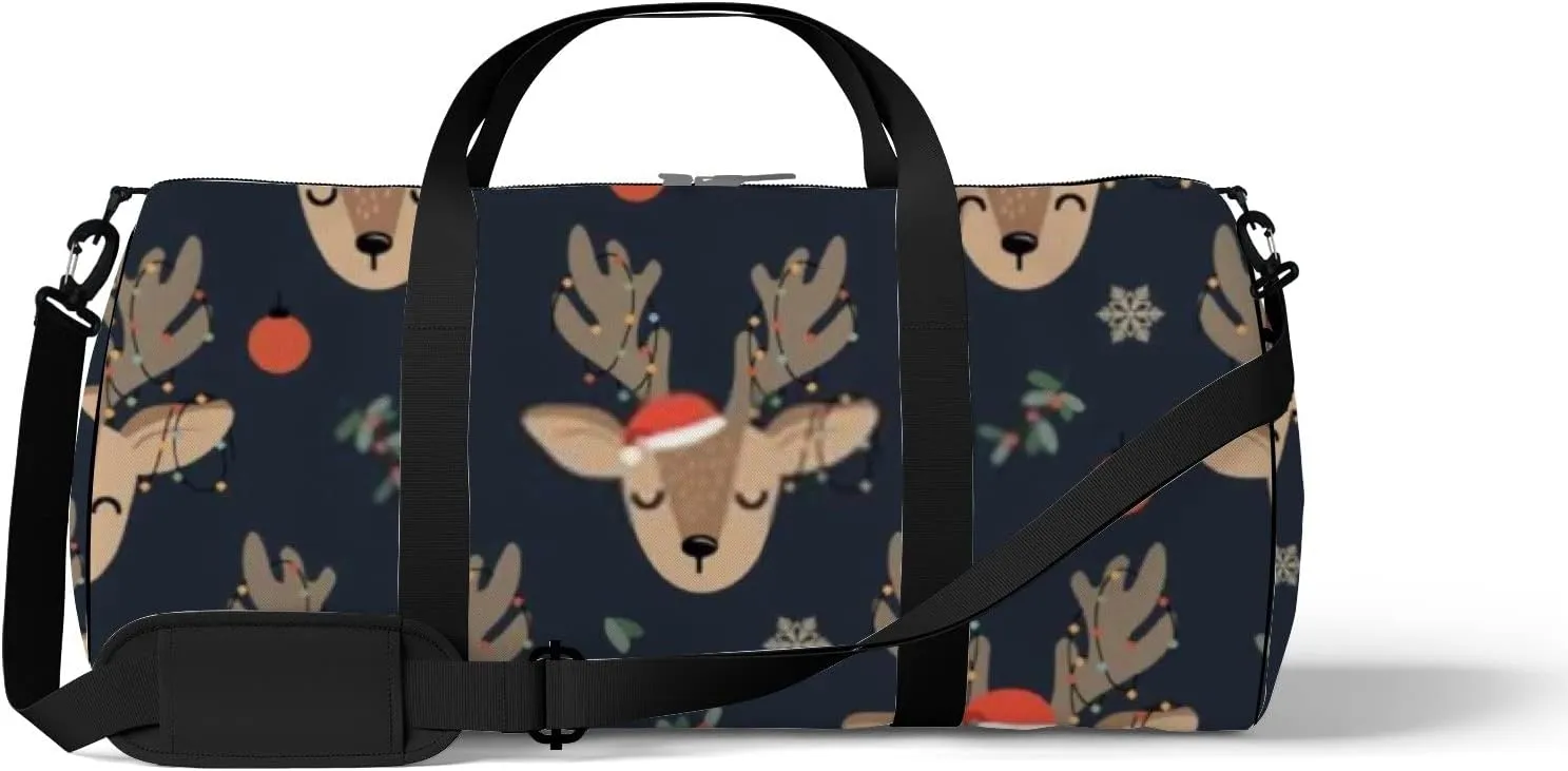 Sports Gym Bag for Women and Men Waterproof Christmas Cartoon Reindeer Brown Duffel Bag Lightweight Carryon Traveling Boarding Gripsack