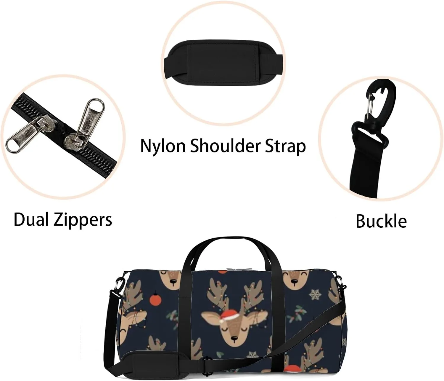 Sports Gym Bag for Women and Men Waterproof Christmas Cartoon Reindeer Brown Duffel Bag Lightweight Carryon Traveling Boarding Gripsack
