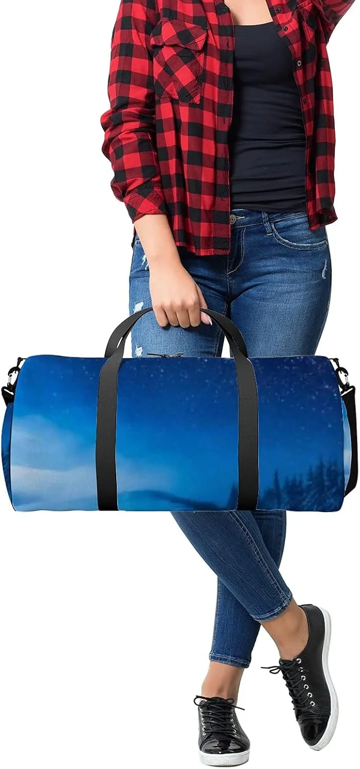 Sports Gym Bag for Women and Men Waterproof Christmas Forest Snow Milky Way Starry Sky Duffel Bag Lightweight Carryon Traveling Boarding Gripsack