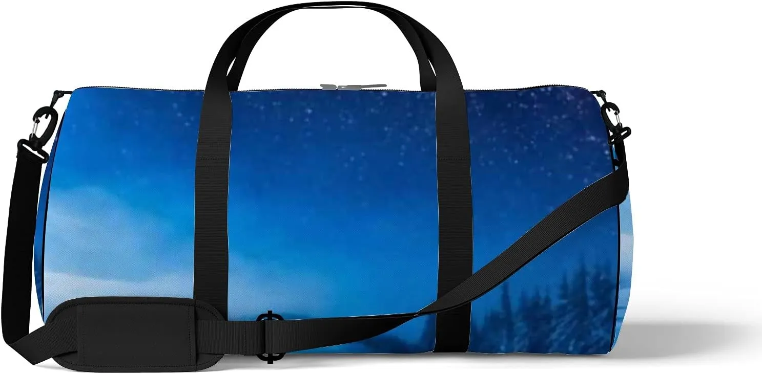 Sports Gym Bag for Women and Men Waterproof Christmas Forest Snow Milky Way Starry Sky Duffel Bag Lightweight Carryon Traveling Boarding Gripsack