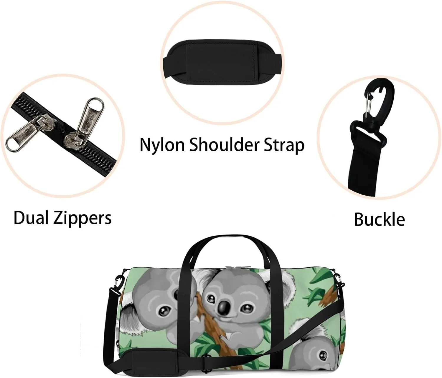 Sports Gym Bag for Women and Men Waterproof Cute Baby Koala Grey Duffel Bag Lightweight Carryon Traveling Boarding Gripsack