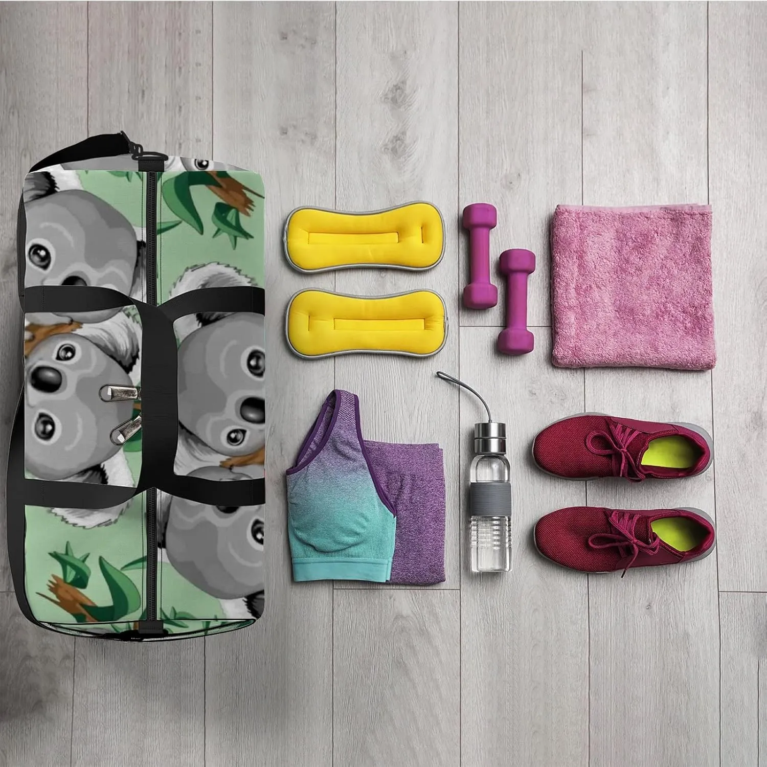 Sports Gym Bag for Women and Men Waterproof Cute Baby Koala Grey Duffel Bag Lightweight Carryon Traveling Boarding Gripsack