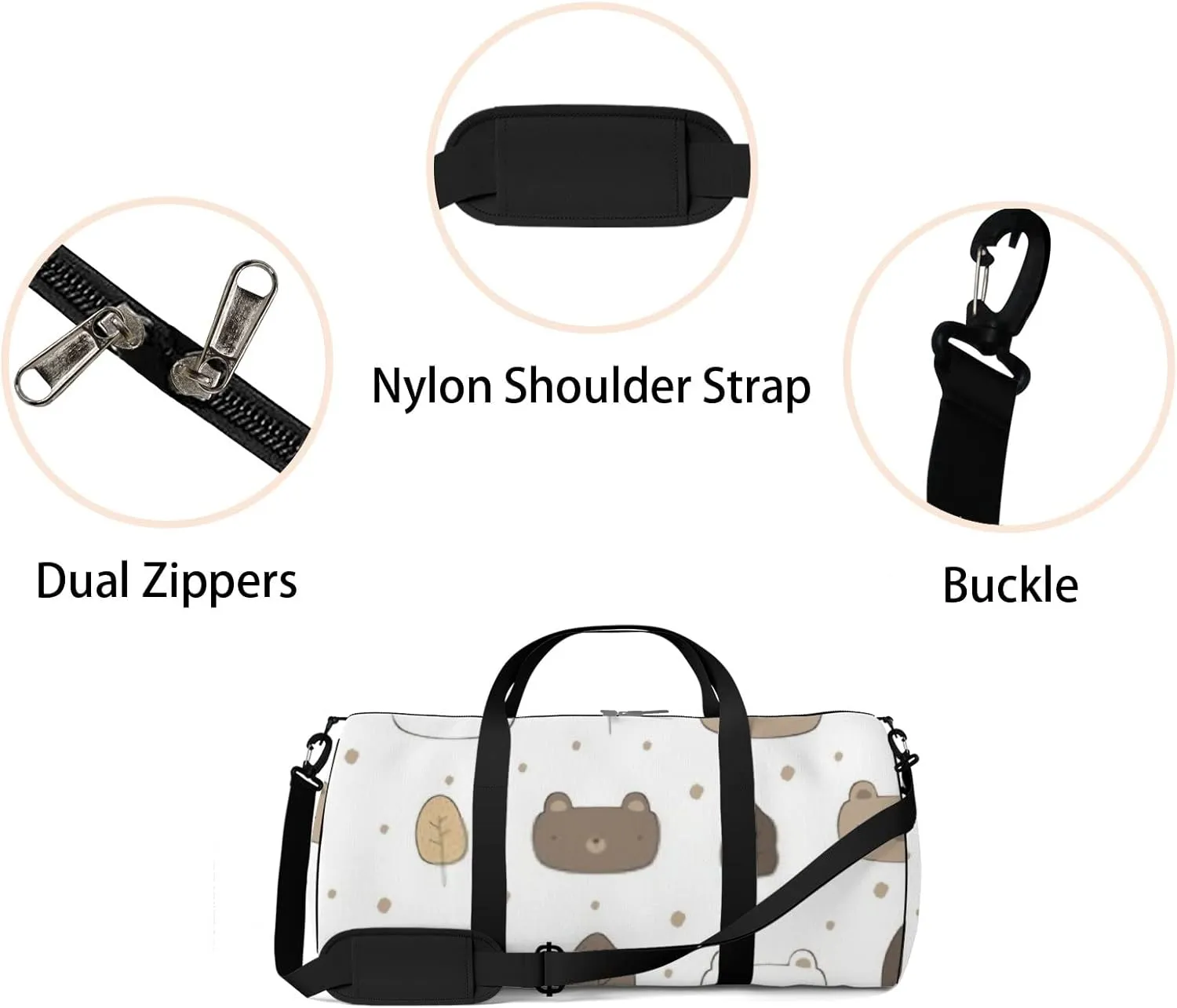 Sports Gym Bag for Women and Men Waterproof Cute Bear Cartoon Doodle Pattern White Duffel Bag Lightweight Carryon Traveling Boarding Gripsack