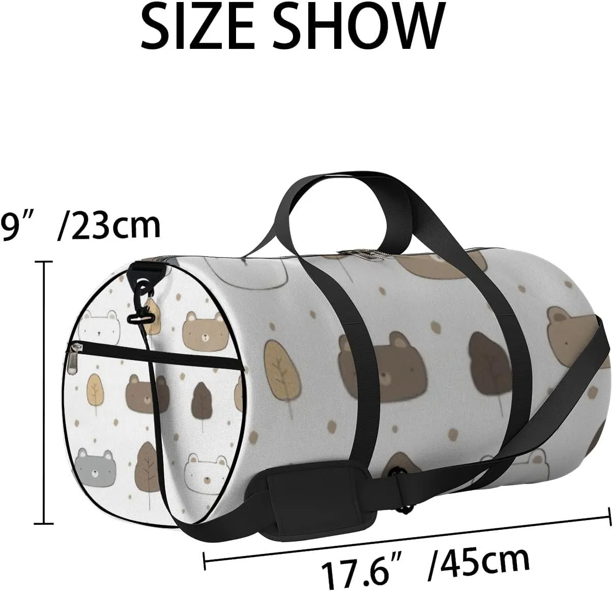 Sports Gym Bag for Women and Men Waterproof Cute Bear Cartoon Doodle Pattern White Duffel Bag Lightweight Carryon Traveling Boarding Gripsack