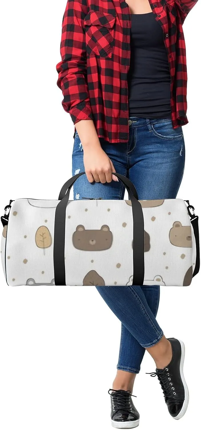 Sports Gym Bag for Women and Men Waterproof Cute Bear Cartoon Doodle Pattern White Duffel Bag Lightweight Carryon Traveling Boarding Gripsack
