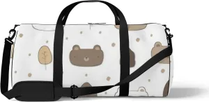 Sports Gym Bag for Women and Men Waterproof Cute Bear Cartoon Doodle Pattern White Duffel Bag Lightweight Carryon Traveling Boarding Gripsack