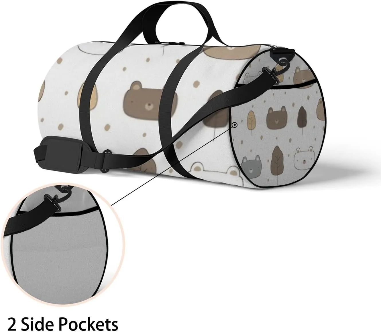 Sports Gym Bag for Women and Men Waterproof Cute Bear Cartoon Doodle Pattern White Duffel Bag Lightweight Carryon Traveling Boarding Gripsack