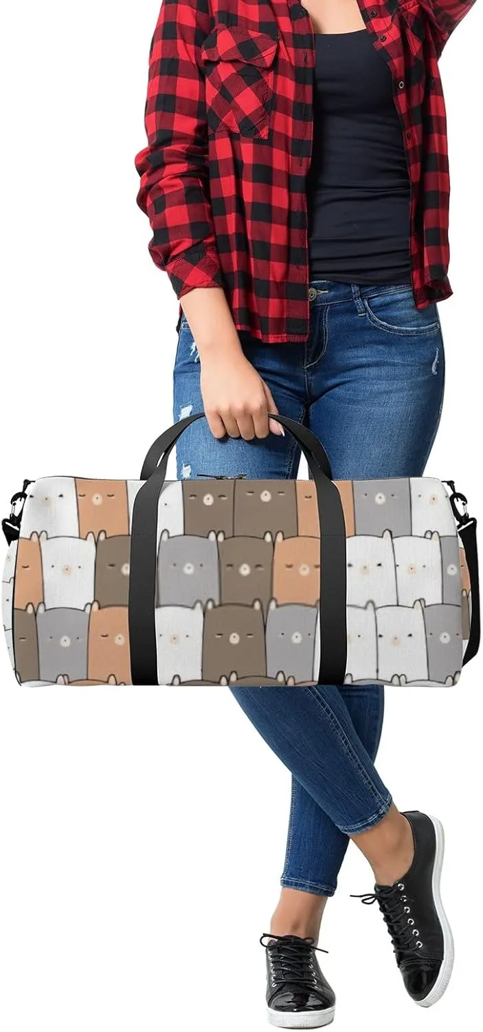 Sports Gym Bag for Women and Men Waterproof Cute Bear Cartoon Doodle Seamless Pattern Duffel Bag Lightweight Carryon Traveling Boarding Gripsack