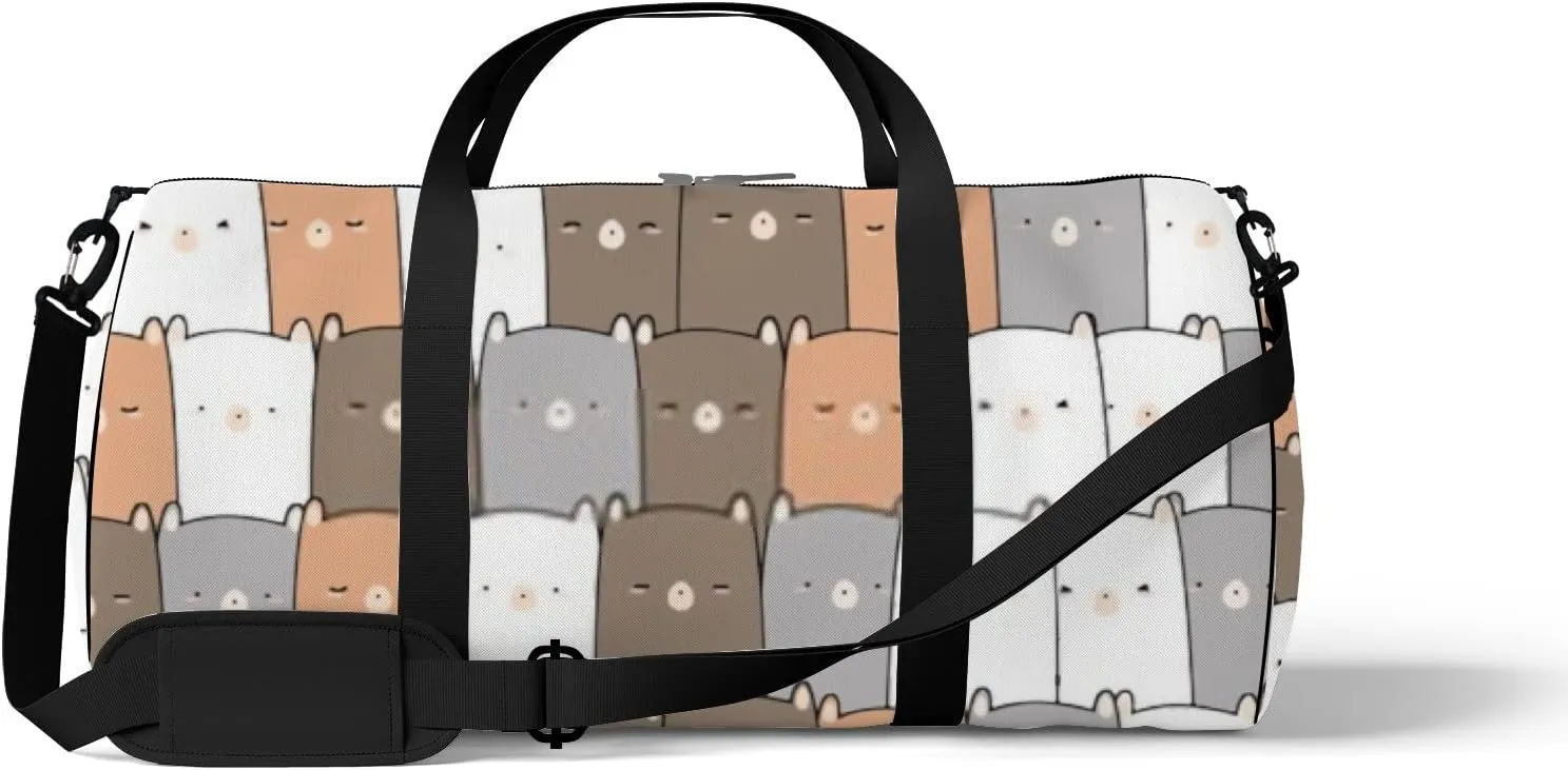 Sports Gym Bag for Women and Men Waterproof Cute Bear Cartoon Doodle Seamless Pattern Duffel Bag Lightweight Carryon Traveling Boarding Gripsack