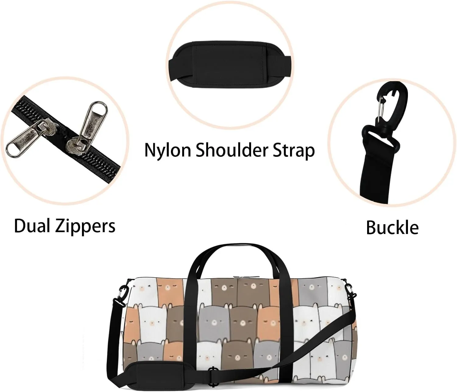 Sports Gym Bag for Women and Men Waterproof Cute Bear Cartoon Doodle Seamless Pattern Duffel Bag Lightweight Carryon Traveling Boarding Gripsack
