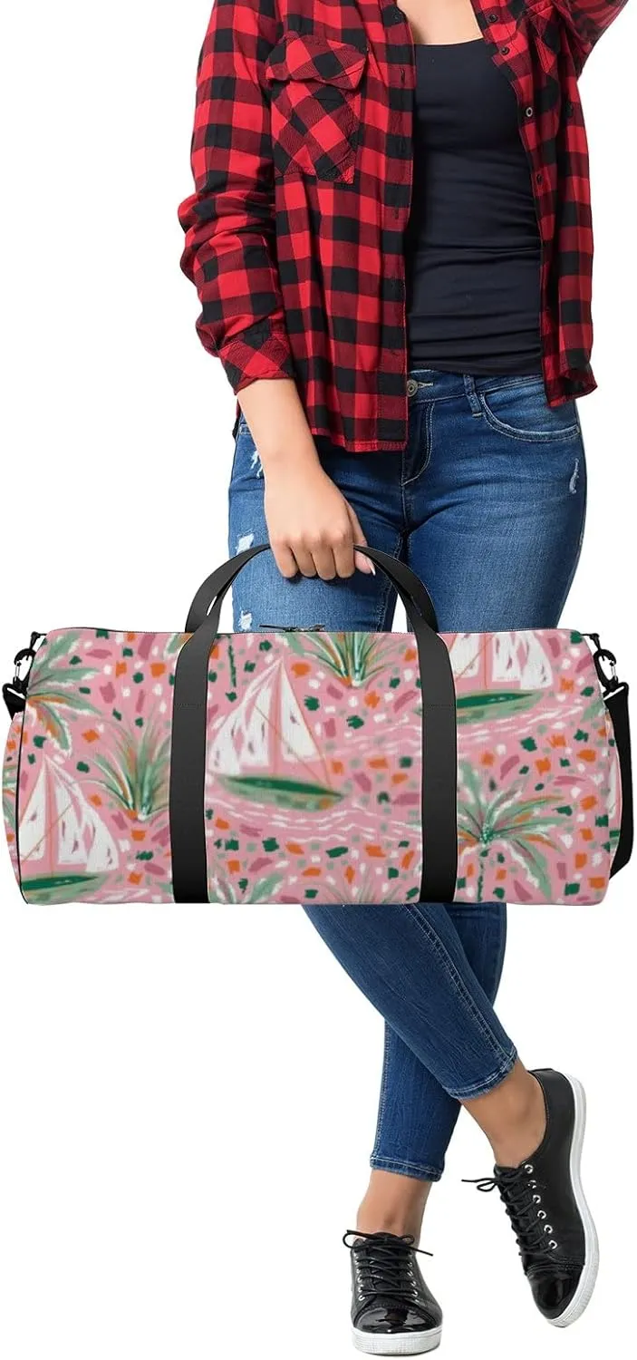 Sports Gym Bag for Women and Men Waterproof Cute Hand Paint Brush Strokes Sailboats Palm Tree Pattern Duffel Bag Lightweight Carryon Traveling Boarding Gripsack