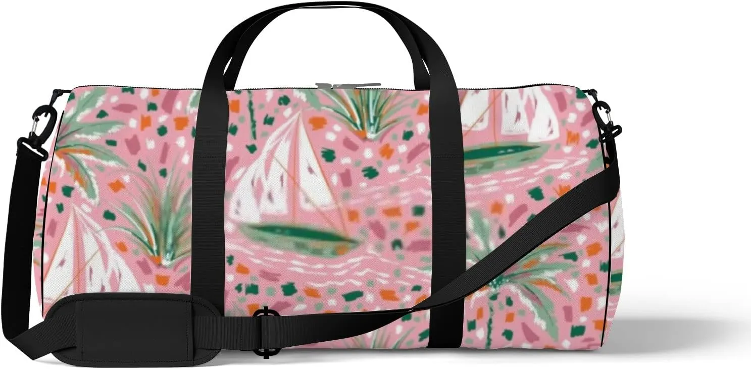 Sports Gym Bag for Women and Men Waterproof Cute Hand Paint Brush Strokes Sailboats Palm Tree Pattern Duffel Bag Lightweight Carryon Traveling Boarding Gripsack
