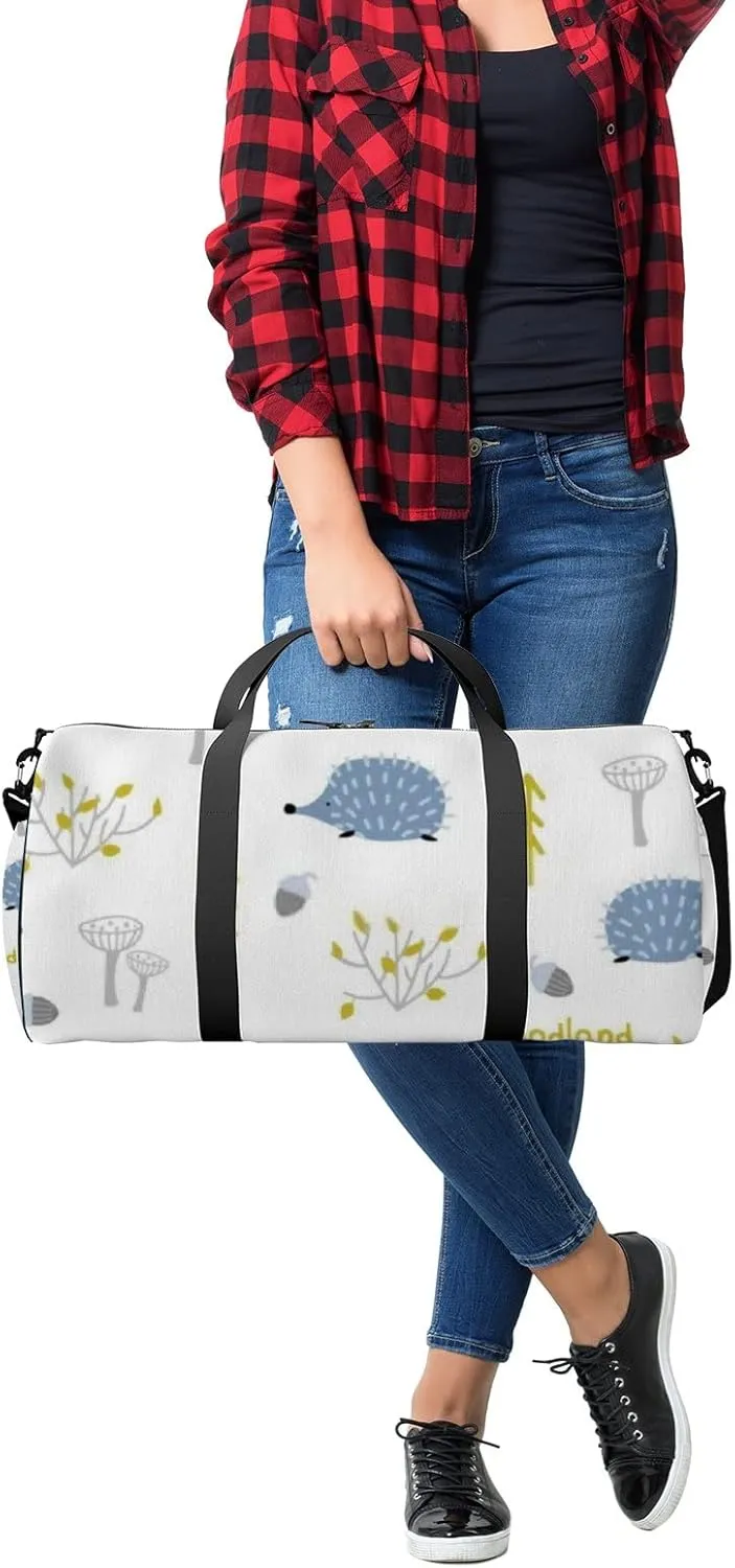 Sports Gym Bag for Women and Men Waterproof Cute Hedgehog Hand Drawn Blue Duffel Bag Lightweight Carryon Traveling Boarding Gripsack