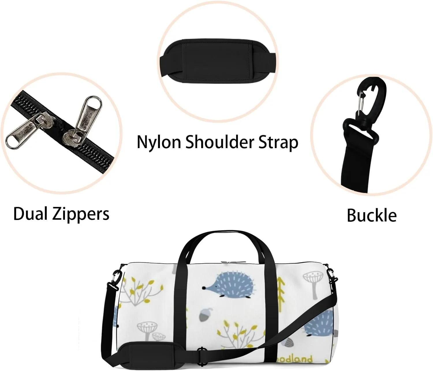 Sports Gym Bag for Women and Men Waterproof Cute Hedgehog Hand Drawn Blue Duffel Bag Lightweight Carryon Traveling Boarding Gripsack
