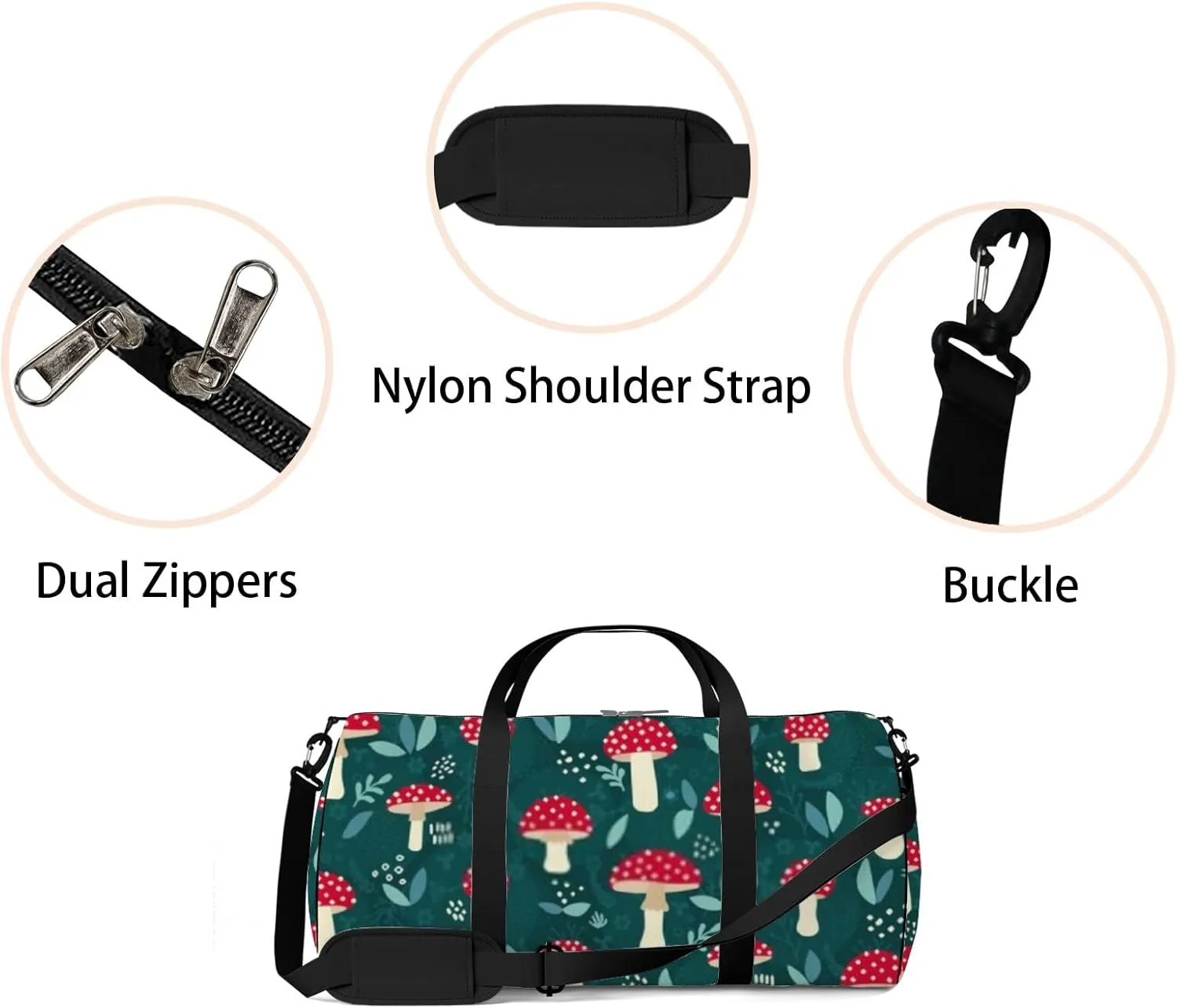 Sports Gym Bag for Women and Men Waterproof Cute Red Mushrooms White Dots Duffel Bag Lightweight Carryon Traveling Boarding Gripsack