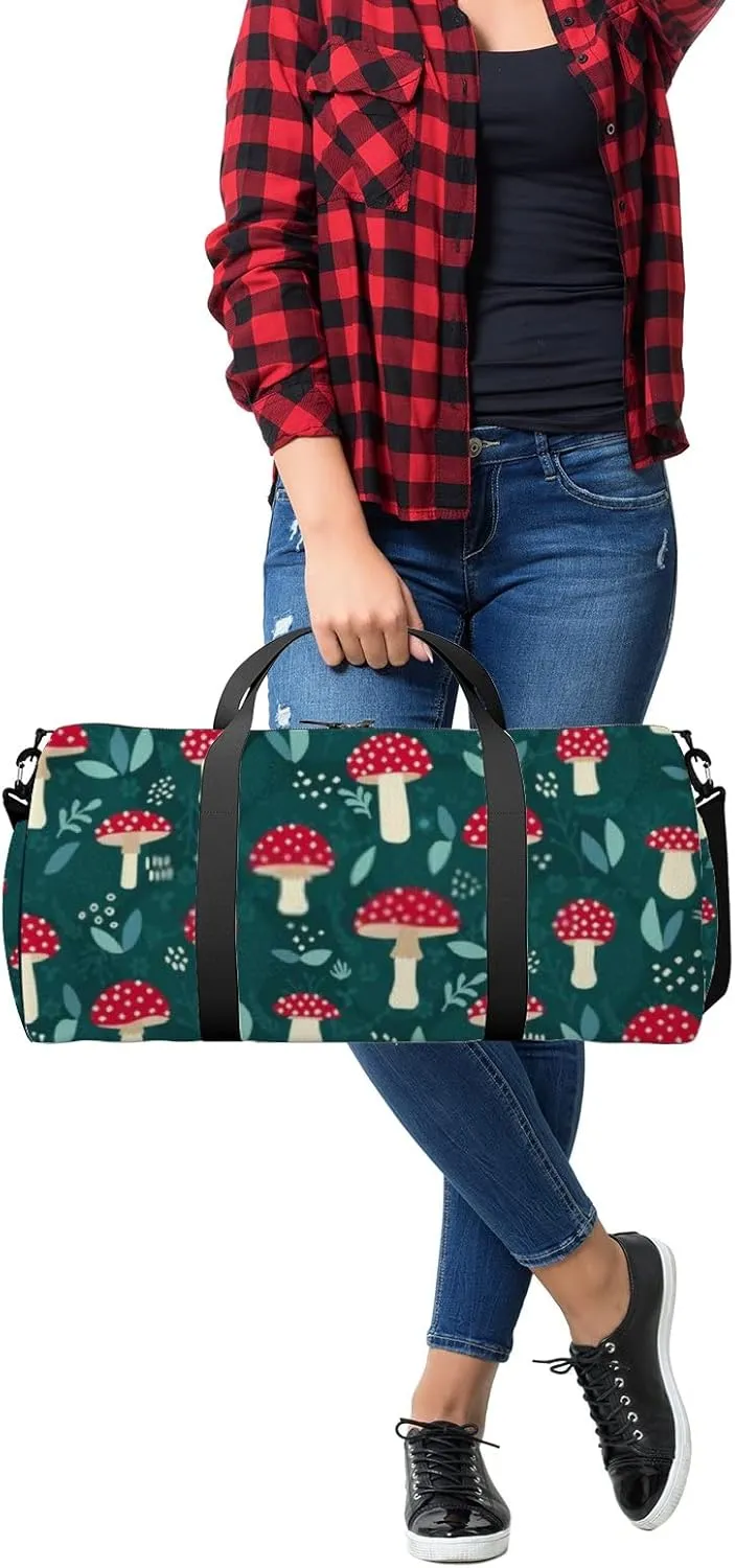 Sports Gym Bag for Women and Men Waterproof Cute Red Mushrooms White Dots Duffel Bag Lightweight Carryon Traveling Boarding Gripsack